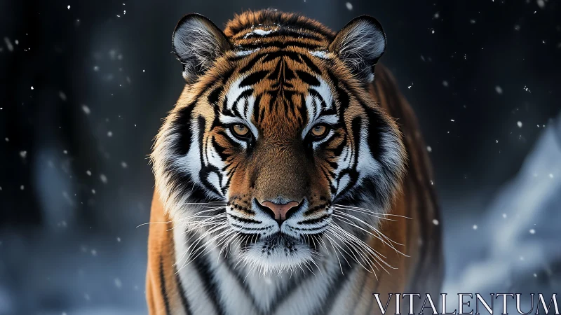 Snow-kissed tiger walks forward with calm, steady focus