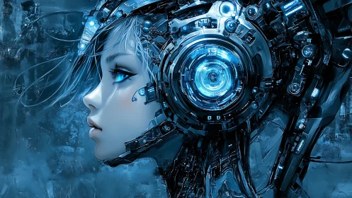 Futuristic female cyborg profile with blue cybernetic helm.
