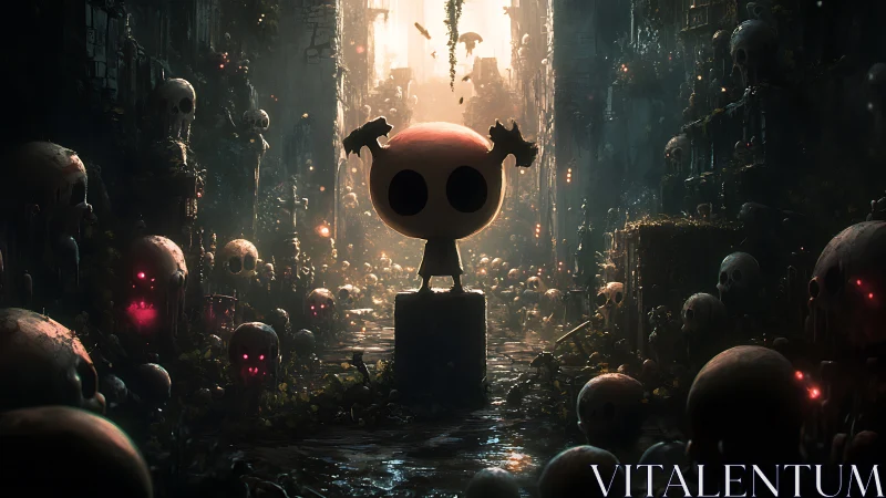 Tiny skull-headed girl confronts a glowing necropolis of eyes