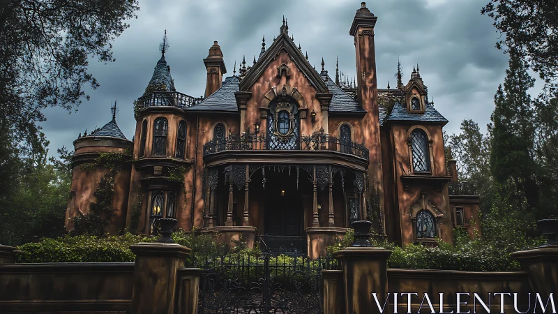 Gothic mansion facade under cloudy sky with dense foliage.