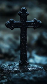 Moody close-up of ornate black cross in shallow focus frame.