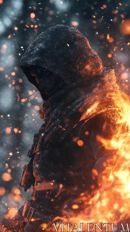 Hooded wanderer wrapped in firelight and drifting embers.