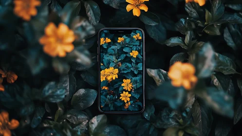 Golden Flowers Glow Within Smartphone Nestled Amid Dark Foliage.