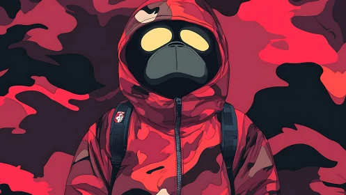 Digital painting of masked hoodie figure in red camo field.