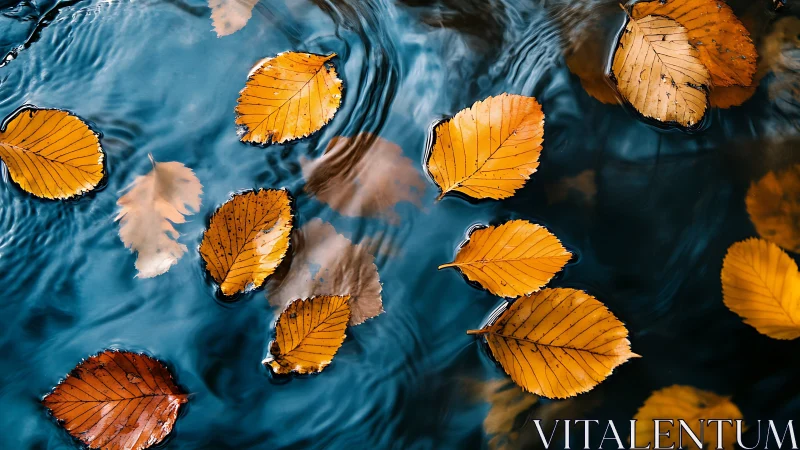 Golden autumn leaves drifting across deep blue water.