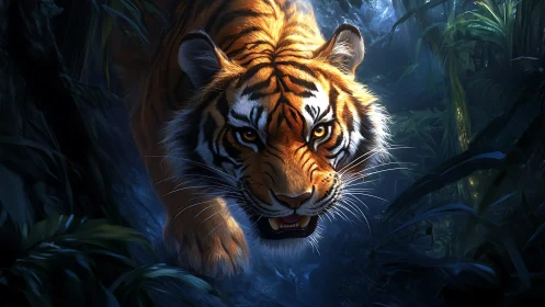 Stalking tiger strides through moonlit jungle with fierce focus