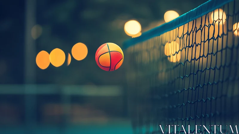 Low depth of field tennis net with airborne ball at dusk