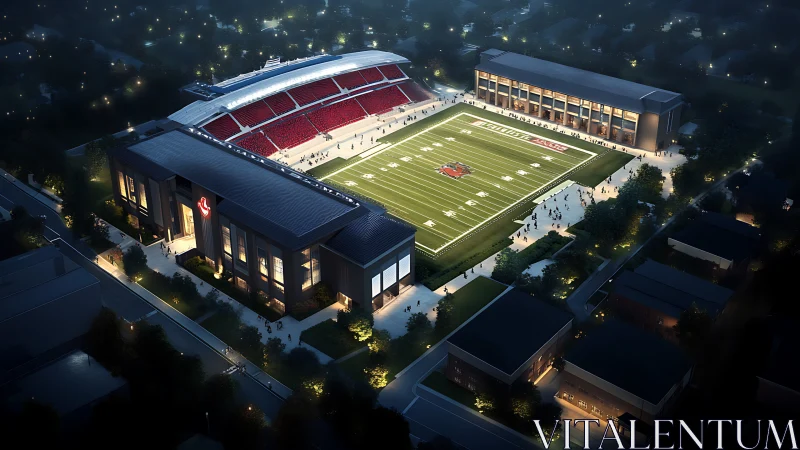 Night aerial view highlights illuminated football stadium