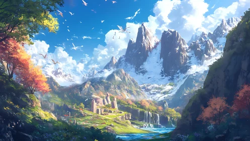 Fantasy valley landscape shows ruined fortress below snowy peaks