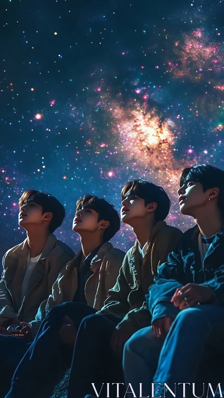 Stargazing friends under vivid galactic night sky glow.