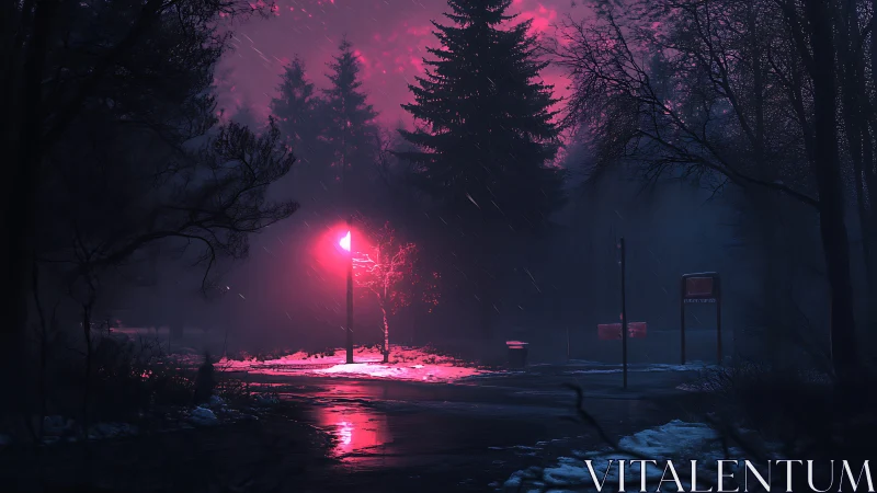 Snowy road and forest under magenta streetlight at night.