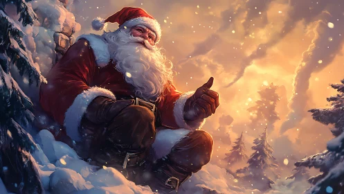 Jolly Santa relaxing in a glowing winter wonderland at dusk.