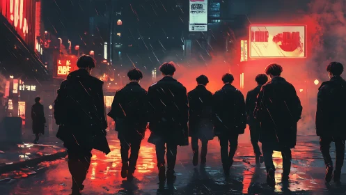 Multiple figures walk in rainy neon-lit urban night street scene