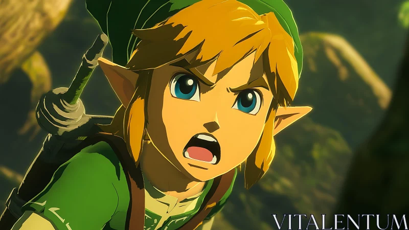 Heroic elf warrior shouting in sunlit forest close-up.