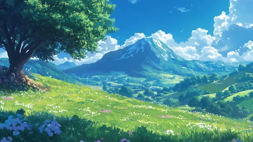 Verdant alpine meadow under towering snowcapped peak.