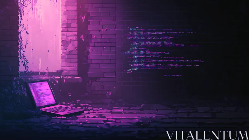 Abandoned laptop casting neon code across derelict wall.