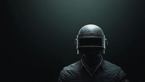 Armored tactical operator in dark visor helmet portrait