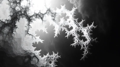 Fractal lightning structure in monochrome volumetric cloud field.