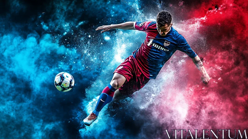 Midair soccer comet slicing through red and blue stardust.