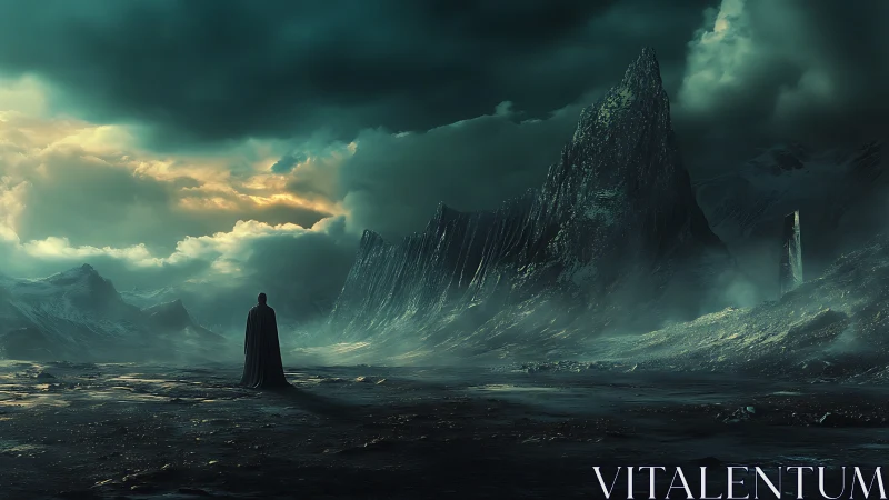 Solitary cloaked figure in vast stormy mountain landscape.