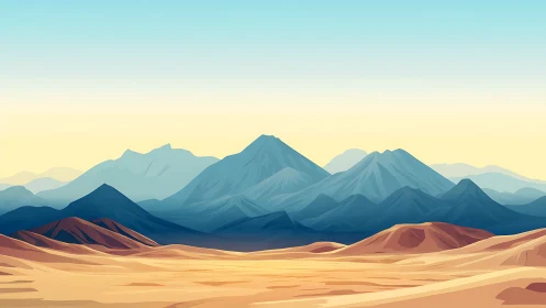 Layered desert ridges and blue mountains form stylized horizon