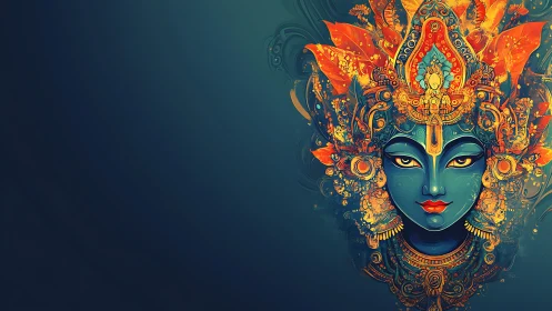 Divine blue deity portrait with ornate flaming crown.