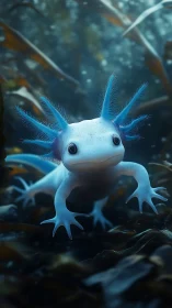 Underwater axolotl with blue gills in aquatic habitat.