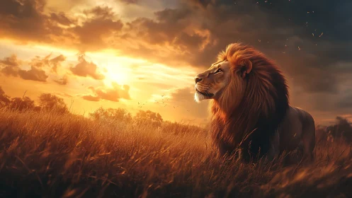 Male lion in tall grassland under low sun at dusk or dawn.