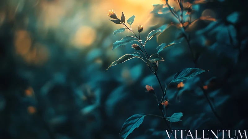 Soft evening glow embracing a single delicate forest sprig.