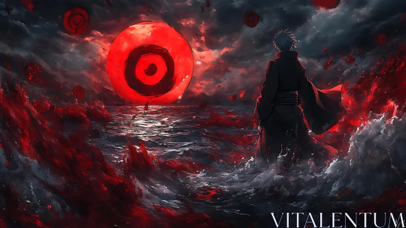 Solitary figure facing red eye sun over stormy sea.