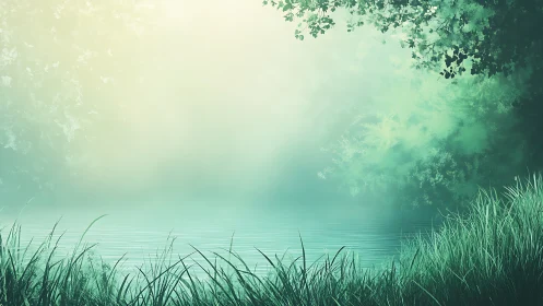 Foggy lakeside shoreline shows still water and dense grass