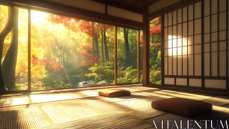 Photorealistic tatami room with autumn forest glazing view.