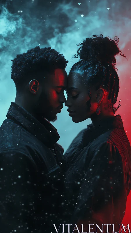 Ethereal Embrace: Cosmic Connection Between Silhouetted Figures.