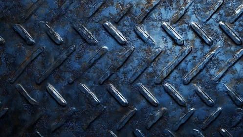 Industrial blue steel diamond plate texture, high contrast lighting.