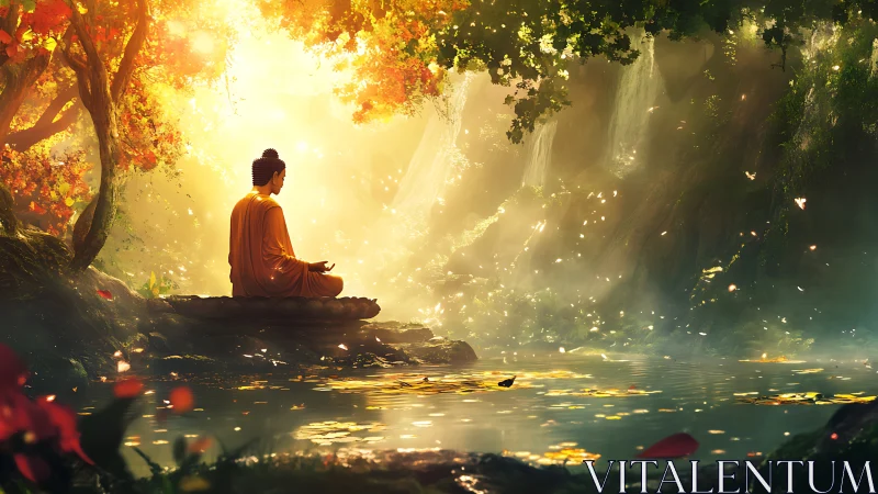 Figure in orange robe meditating beside illuminated waterway.