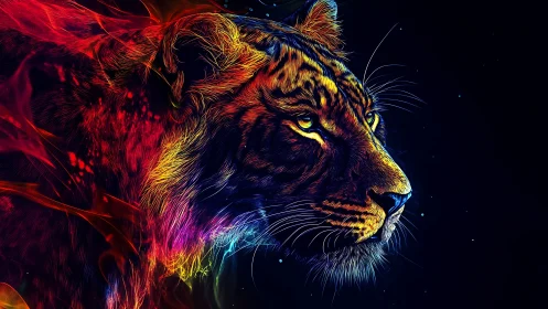 Neon-colored tiger profile rendered on dark abstract field.