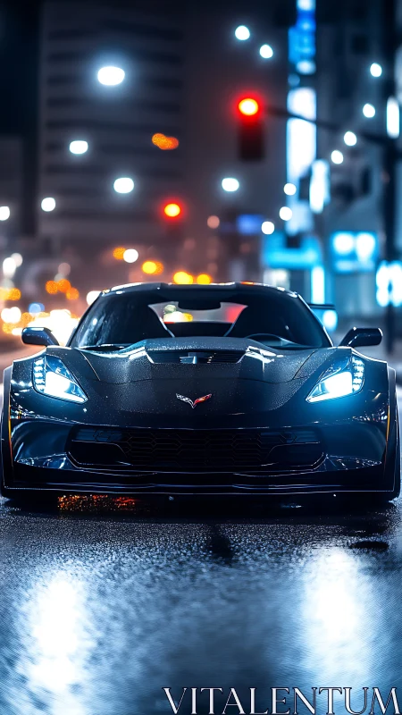 Low-angle wet-street study of sports coupe with LED headlamps