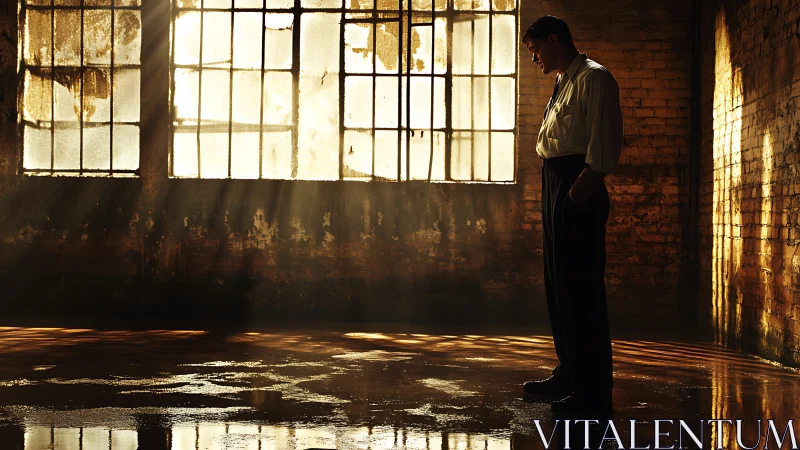 Man standing in sunlit warehouse with reflective floor.