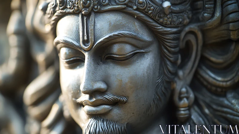 High-relief metal deity face sculpture with shallow depth focus