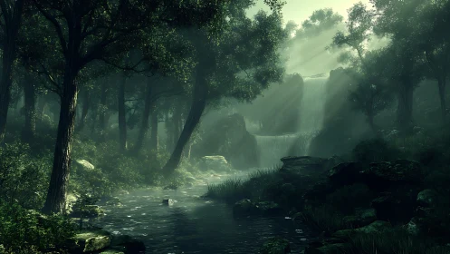 Enchanted Forest Waterfall with Mist and Ancient Trees.