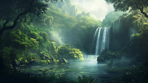 Mystic jungle waterfall over tranquil reflective lagoon.
