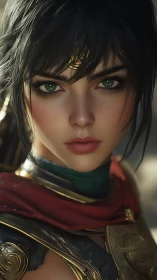 Stoic emerald-eyed warrior in ornate golden armor portrait.
