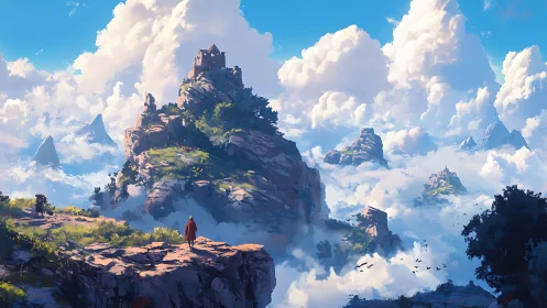 Solitary traveler surveys cloud-swept citadel peaks in daylight