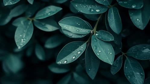 Moody close-up of dark green leaves with rain droplets.