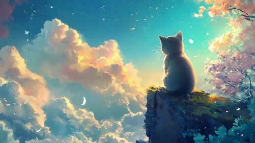 Cat on Cliff Overlooking Sky with Flowering Branches
