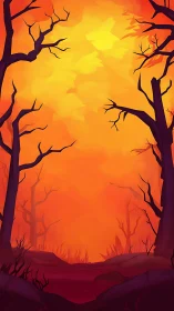 Bare Trees Forest Landscape with Dramatic Orange Sky and Sunset
