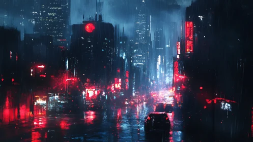Neon rain softens a futuristic city street into vivid glow