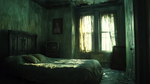 Moody forgotten bedroom wrapped in ghostly green light.