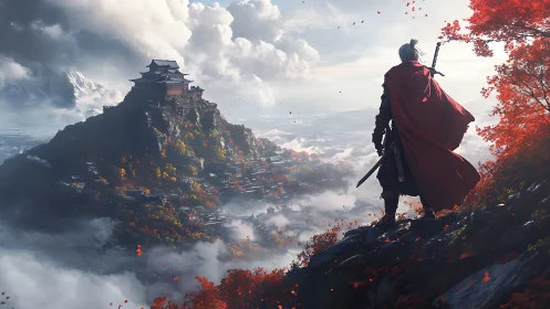 Samurai sentinel overlooking mist-laden mountain citadel