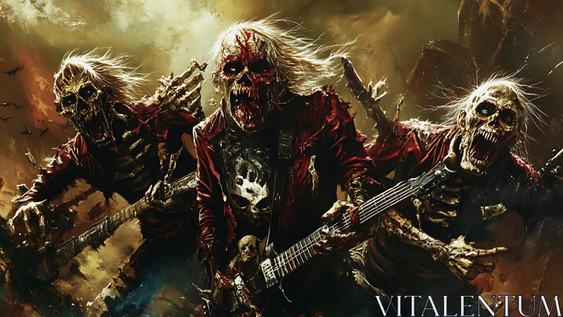 Undead metal guitar trio in stormlit apocalyptic battlefield